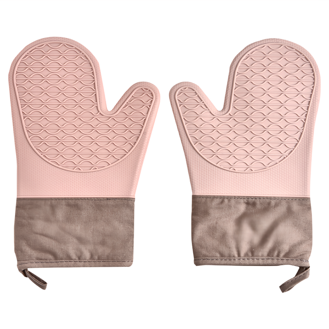 Homely Zakka 北歐加厚耐高溫防水矽膠雙層隔熱防燙手套 食品級矽膠+纖維棉, 莫蘭迪粉 + 奶茶咖, 1雙