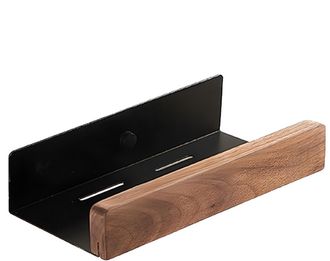 實木免打孔浴室置物架, 胡桃木深色 + 黑架, 1個