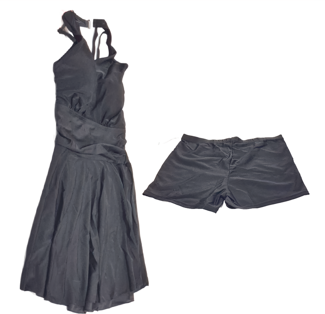 女生吊帶露背泳衣 深V吊帶裹胸連體泳裙套裝, 黑色