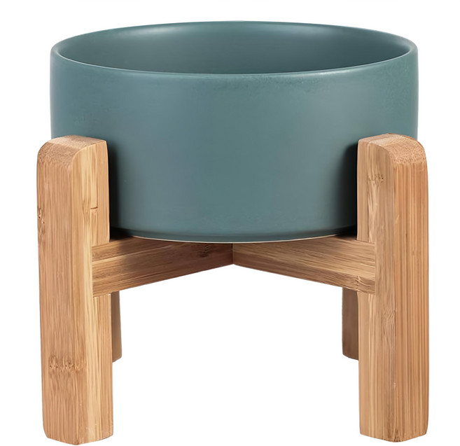 木架陶瓷碗 加高 大 綠色 寵物碗 寵物餐具, 1個