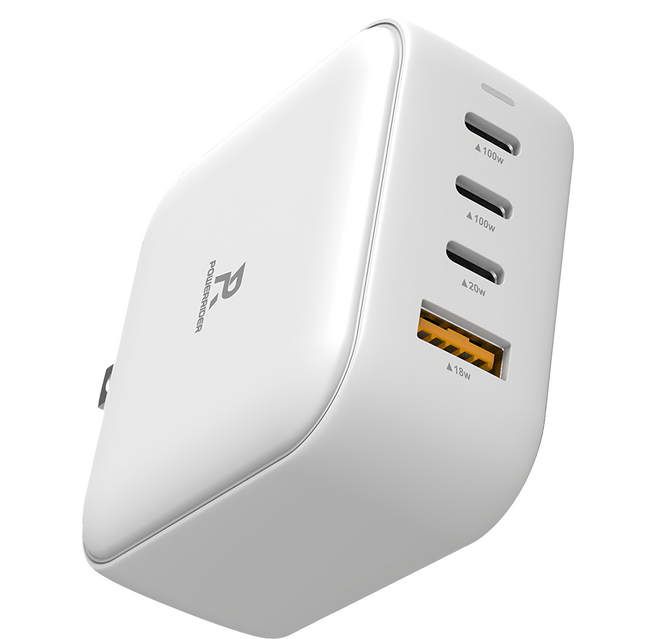 POWERRIDER 100W 氮化鎵4孔折疊快速充電器 PD-1002CA 63 x 63 x 30.5mm 198g 原廠保固, 白色, 1個