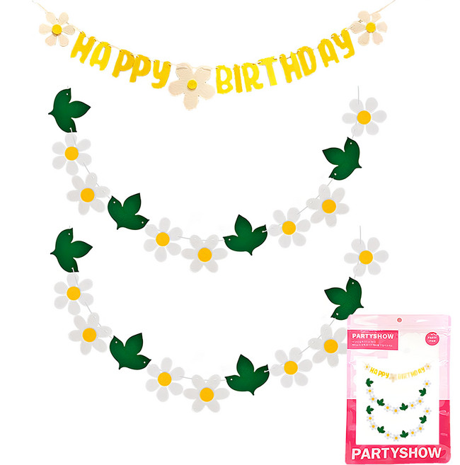 PARTYSHOW 雛菊生日派對掛飾 + 花朵掛飾 2件組, 1組, 生日快樂拉旗 黃色