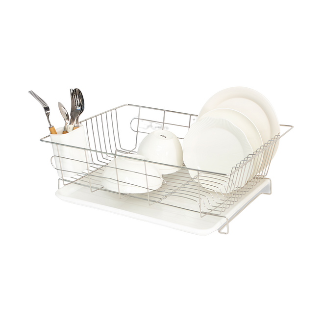 eSPACE 單層方形盤子晾曬架 + 托盤 + 勺筷瀝水桶 460 x 350 x 160mm, 白色, 1層, 1組