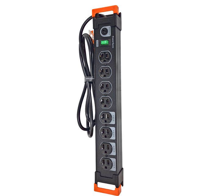 PowerSync 群加 1開8插鋁合金防雷擊抗搖擺延長線, 1.8m, 黑色 + 橘色, 1個