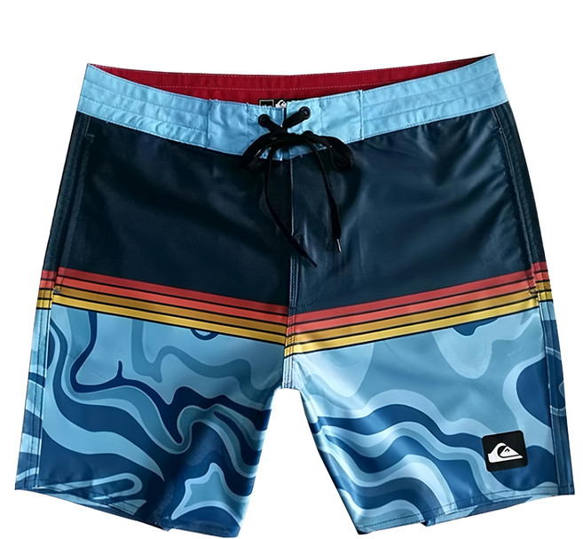 QUIKSILVER 成人男沙灘褲, 1入, 藍波浪 + 紅黃條