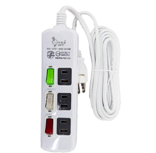 spirit 電精靈 3開3插 2P 轉向插頭電腦延長線 PKK-233CW MAX 1650W 125V 15A, 3.6m, 白色, 1條