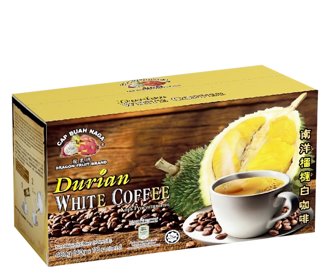 CAP BUAH NAGA 火龍果牌 南洋炭燒白咖啡 四合一 榴槤風味, 40g, 10包, 1盒