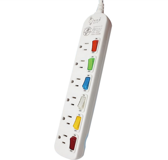 spirit 電精靈 6開6插扁平插頭 電腦延長線 3孔 MAX1650W 125V 15A, 1條, 白色, 1.8m