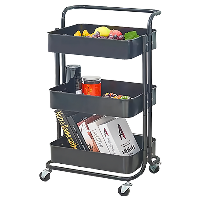 E家工廠 置物架手推車 金屬 塑膠 86*35*42cm DIY商品, 黑色, 3層