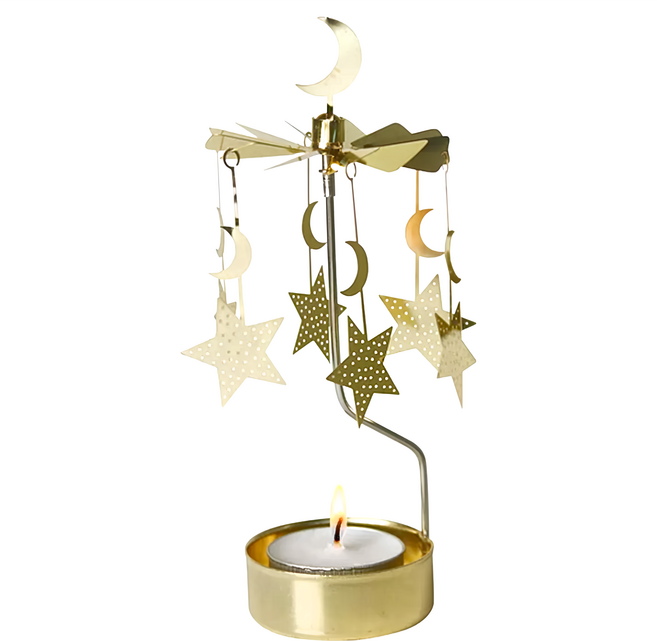 PLUTO DESIGN 旋轉燭座 附蠟燭 小型 金屬材質 瑞典設計, 月亮與星星 金色