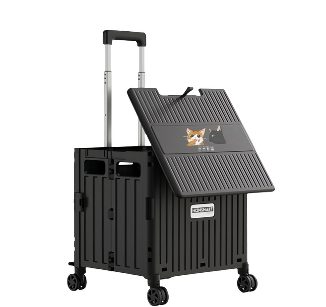 A&R 吾家有貓 四輪附杯架折疊購物手推車 滑蓋BC款 拉桿伸長100 x 40 x 36cm 65L, 黑武士 黑色, 1個