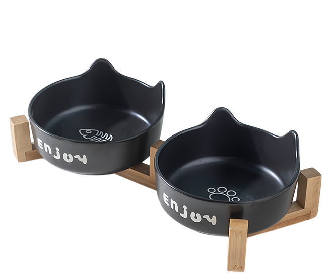 毛皇上 木架貓耳陶瓷碗 雙碗 魚骨碗 + 貓掌碗 + 木架, 黑色, 1組