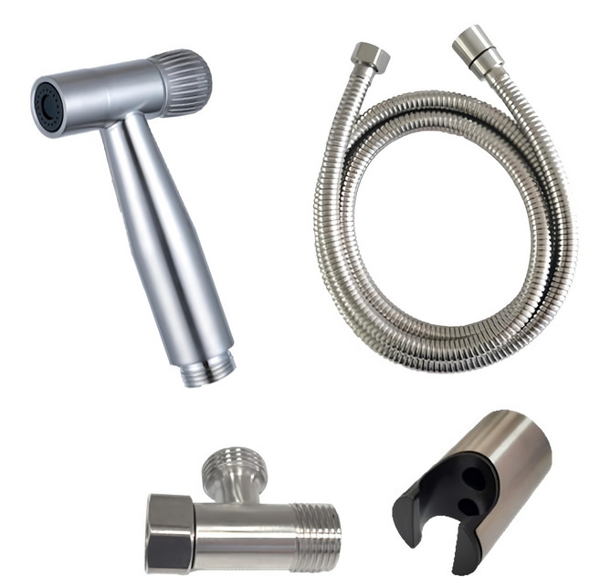 LEADER 麗達 多用途不繡鋼強力清潔沖洗全配組 NC101-15 304沖洗器 + 沖洗器軟管1.5m + 304三通 + 圓柱掛座 445g, 銀色, 1組