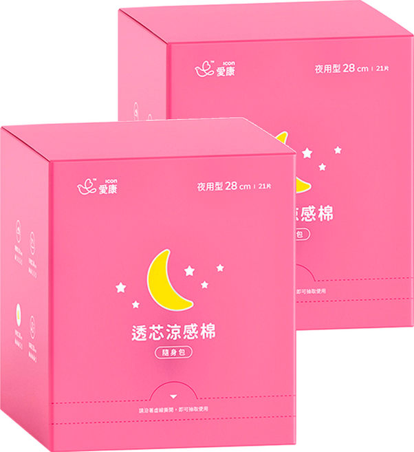 icon 愛康 透芯涼感衛生棉 護翼型, 夜用型 28cm, 21片, 2盒