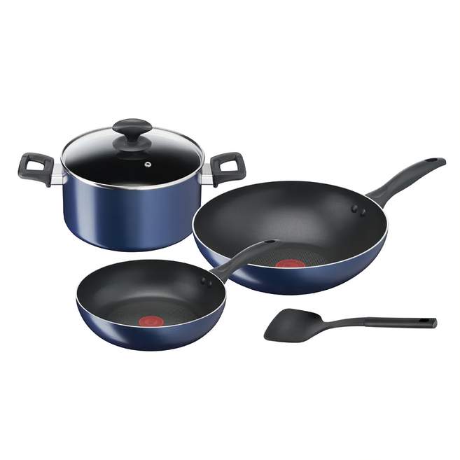 Tefal 特福 法式食光系列 不沾鍋5件組, 藍色 + 黑色, 炒鍋 + 平底鍋 + 雙耳湯鍋 + 雙耳湯鍋蓋 + 鍋鏟, 1組