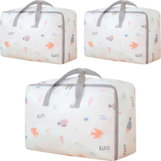 E.dot 600D牛津布萌趣防塵棉被衣物收納袋, 可愛小魚, 3個