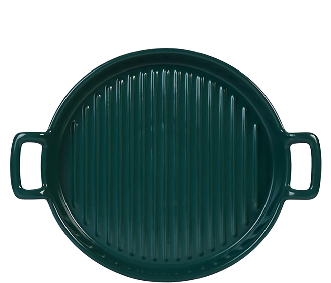 Homely Zakka 北歐創意陶瓷雙耳圓形烤盤 深餐盤 義大利麵盤 直徑約19cm, 墨綠色, 1個