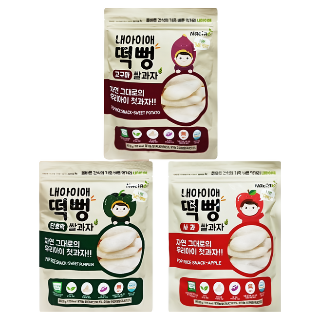 Naeiae 綜合米餅組 3入 - 精選原料 嚴格製程 美味安心, 南瓜口味 + 地瓜口味 + 蘋果口味, 90g, 1組