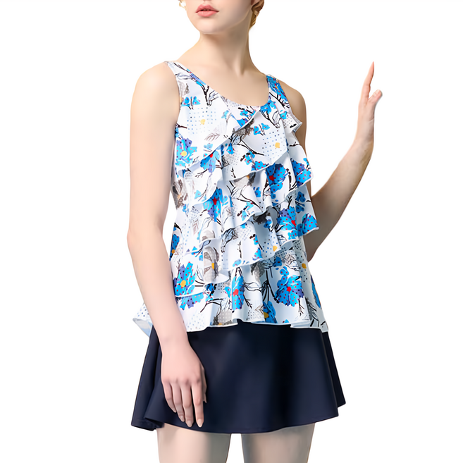 Summer love 夏之戀 大女長版二件式泳裝 附活動式罩杯, 深藍色 + 白色 + 淺藍色