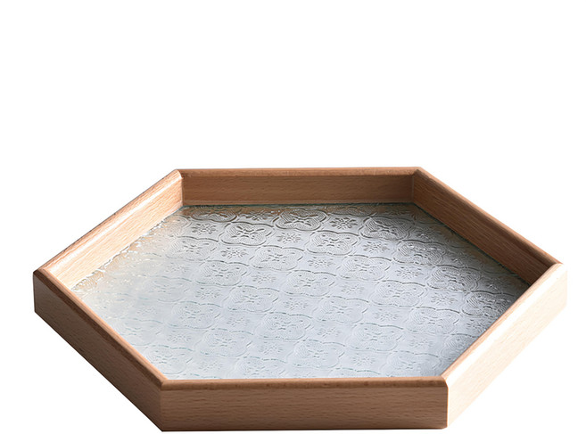 Homely Zakka 北歐復古木質海棠花輕奢玻璃托盤, 櫸木六角形, 1個