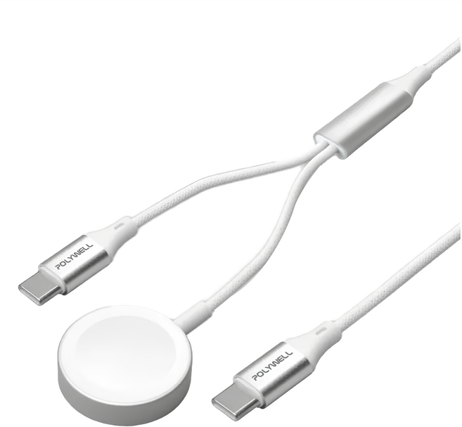 POLYWELL 寶利威爾 Type-C磁吸60W二合一快充編織線, 1.2m, 白色, 1條
