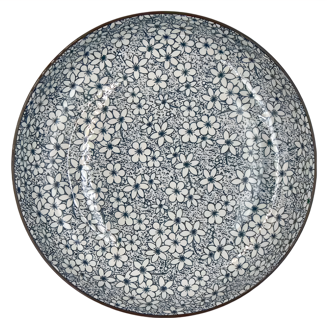 新食器 古染梅 深盤 花卉圖案, 藍色 + 白色, 1個