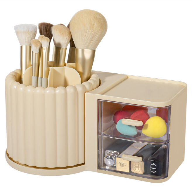 旋轉化妝品收納盒/旋轉收納筆筒 抽屜 + 旋轉收納盒, 奶油黃, 1組