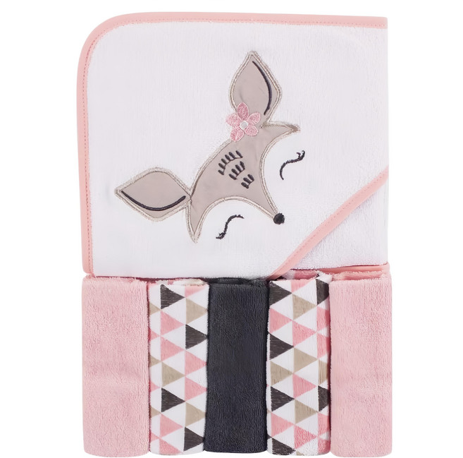 HUDSON BABY 新生兒浴包巾/小方巾5件組, 花朵小鹿 白色 + 粉色, 1組