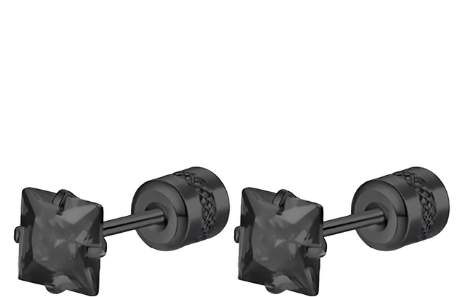 Brilliant Beauty 耀眼美人 公主方優雅黑鋯石鑽鈦閃耀不鏽鋼耳環