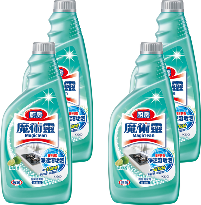 Kao 花王 Magiclean 魔術靈 廚房清潔劑 萊姆香 更替瓶 一拭除油 快速溶解泡沫, 500ml, 4瓶