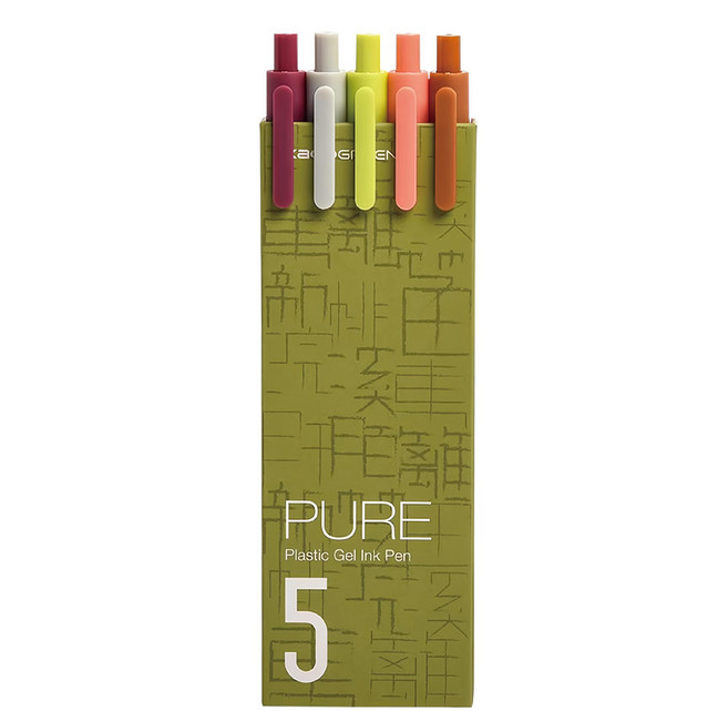 KaCO PURE 書源 中性筆 5色 5支裝 Set 0.5mm筆芯 ABS材質 輕盈耐用, 國風貳-桃花源 橘色 + 黃色 + 灰色 + 桃色 + 褐色, 1盒