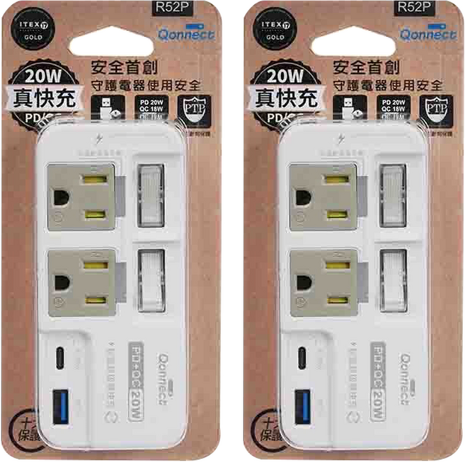 Qonnect 2開2插3P高溫斷電 PD + QC 20W, 白色, 2個