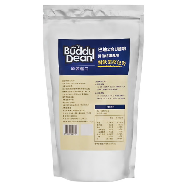 BUDDY DEAN 巴迪 二合一咖啡 雙倍特濃 泰國原裝進口 阿拉比卡咖啡豆 深度烘焙 口感濃烈強勁, 600g, 1包, 1包