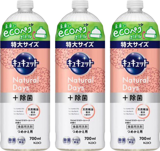 Kao 花王 Cucute Natural Days+ 洗碗凝露補充瓶 野花與草本香, 700ml, 3瓶