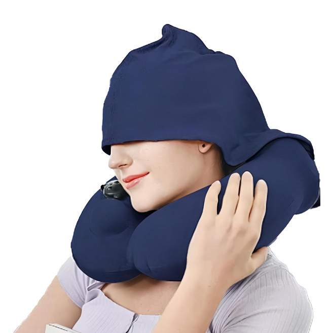 OMORY 連帽按壓充氣頸枕 附收納袋, 深藍色, 1個