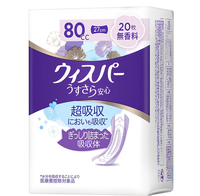 whisper 好自在 日本原裝進口 舒爽超吸收成人護墊 成人尿布 無香 80cc 無翼型, 27cm, 20片, 1包