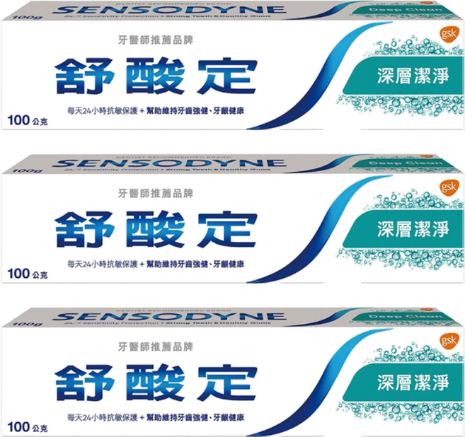SENSODYNE 舒酸定 長效抗敏深層潔淨牙膏, 100g, 3條