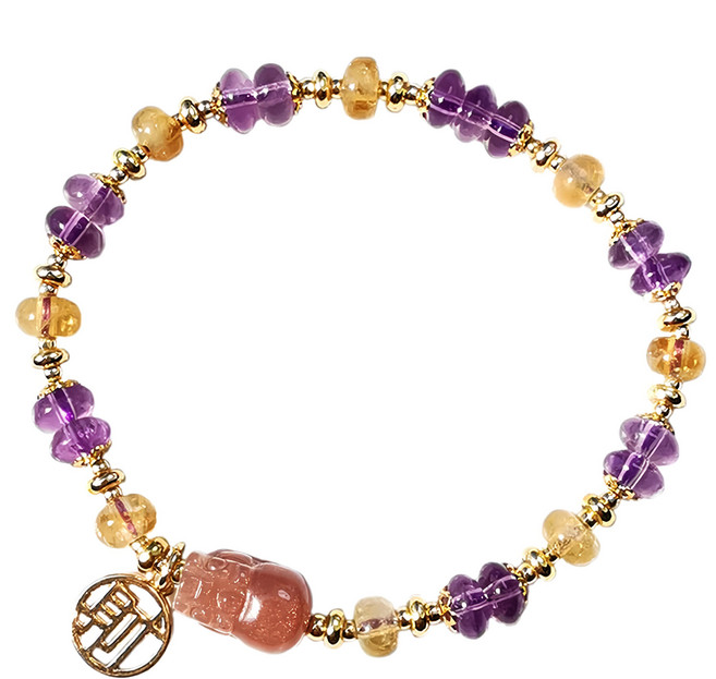 財神小舖 財緣雙收 太陽石貔貅手鍊 黃水晶 紫水晶 電鍍14K金 手圍13~15.5cm