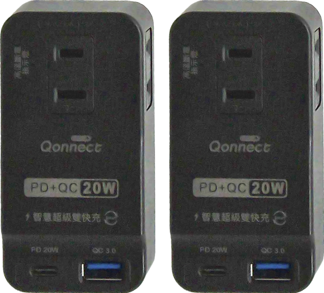 Qonnect PD + QC 20W 智慧型極速充電2P插座 R-05P, 黑色, 2個