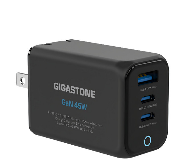GIGASTONE 立達 45W GaN氮化鎵三孔USB-C快速充電器 PD-7451, 黑色, 1個