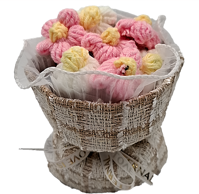 小香風迷你針織泡芙花束 粉, 粉色+白色, 1入