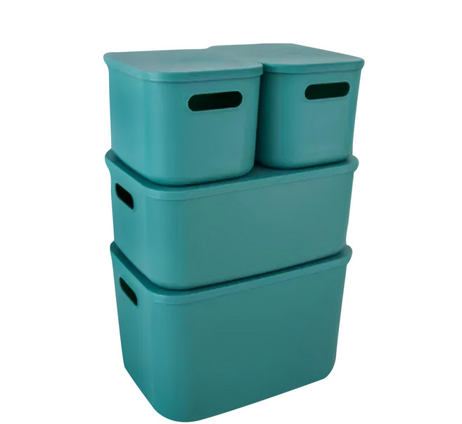 FAmILyLIFE 生活 可堆疊附蓋收納盒組 小型 4個 + 中型 2個 + 大型 2個, 湖水綠, 1組
