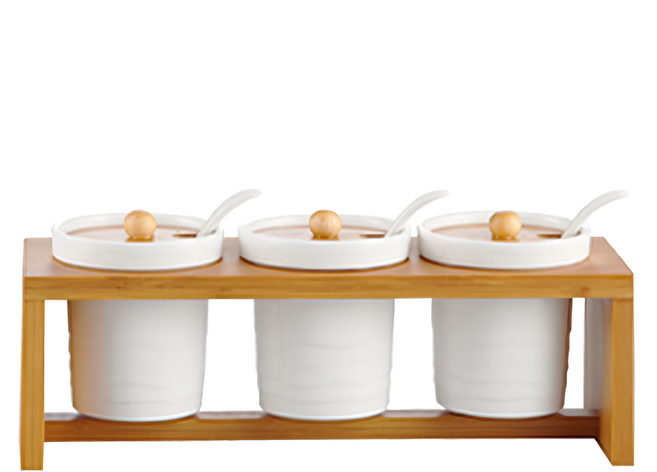 Homely Zakka 美味食光波紋白瓷竹蓋調味料罐組 素面圓款 1組 3個調味料罐 + 1個木座