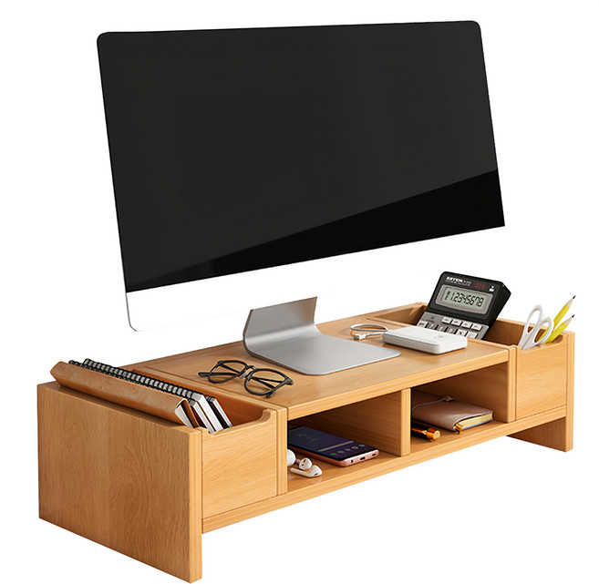 AOTTO 創意傢俱 大容量收納桌上型螢幕增高架, 木色