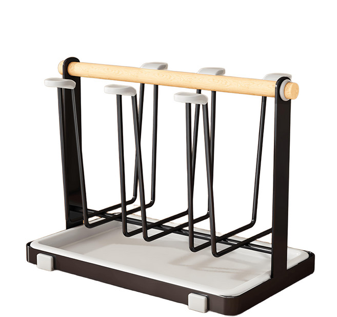 SUNORO 日式鐵藝瀝水杯架附集水托盤/杯具收納置物架/瀝水架, 黑色, 1組