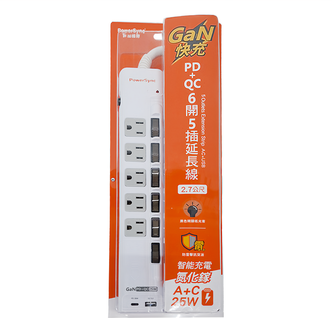 PowerSync 群加 防雷擊快充1A1C延長用電源線組 6開5插, 1個, 2.7m, 白色