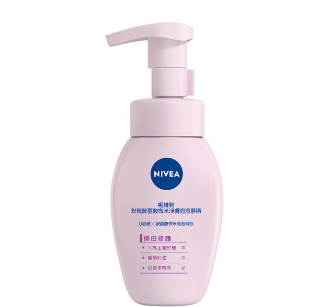 NIVEA 妮維雅 玫瑰胺基酸微米淨膚泡泡慕斯 煥白修護, 180ml, 1瓶