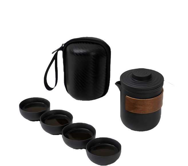 旅行茶具, 茶壺 + 杯子4入 + 黑色茶濾, 胡桃木紋, 1組