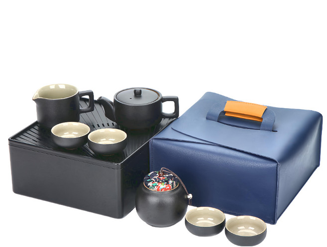 BOACUP 旅行茶具組 附藍色方形皮袋, 龍啟壺 + 茶海 + 公道杯 + 茶罐 + 茶杯4個 + 收納盒, 1組, 藍色