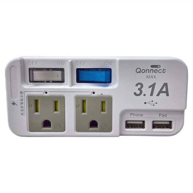 Qonnect 2開2插分接式高溫斷電USB插座 3孔, 白色, 1個